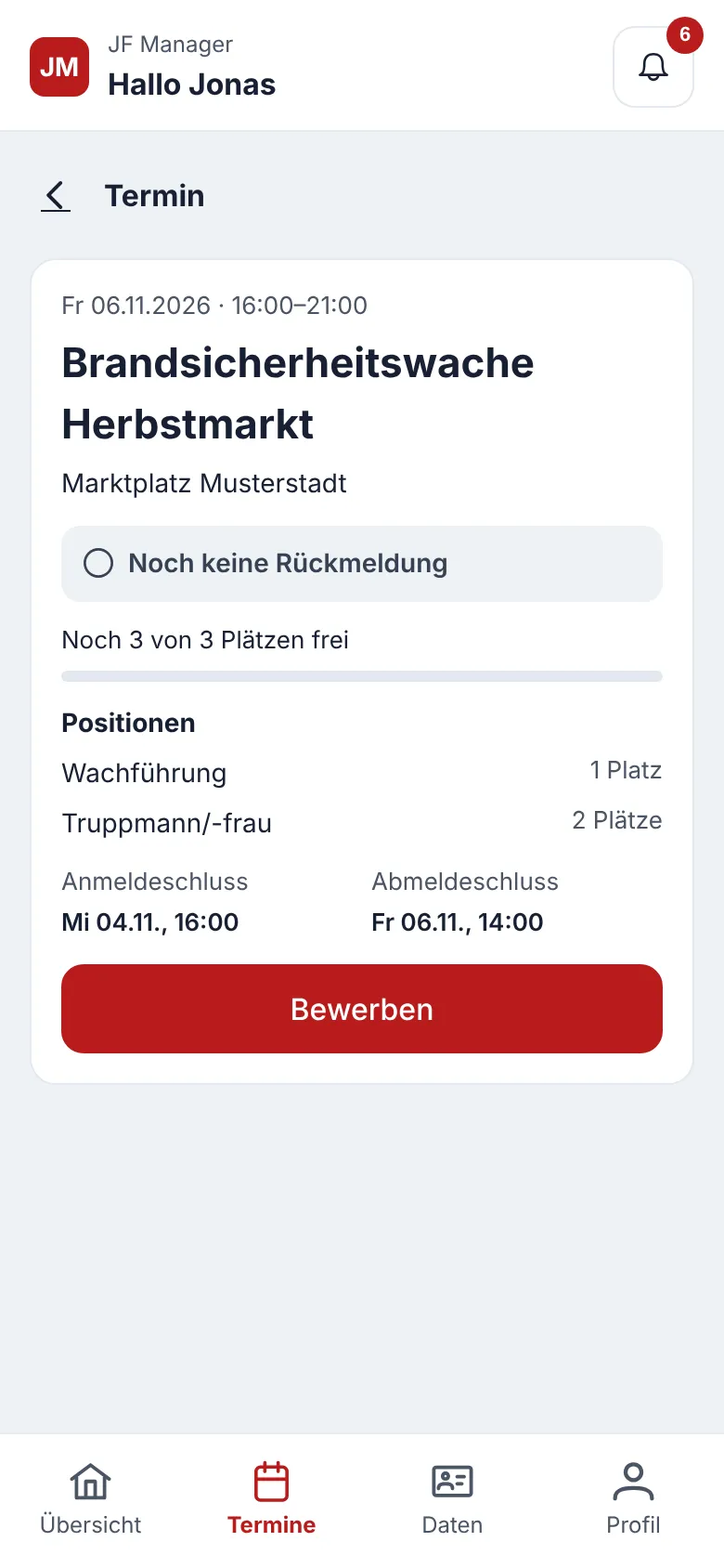Mitgliederportal, Termin Brandsicherheitswache Herbstmarkt mit Positionen, freien Plätzen, Fristen und der Schaltfläche Bewerben