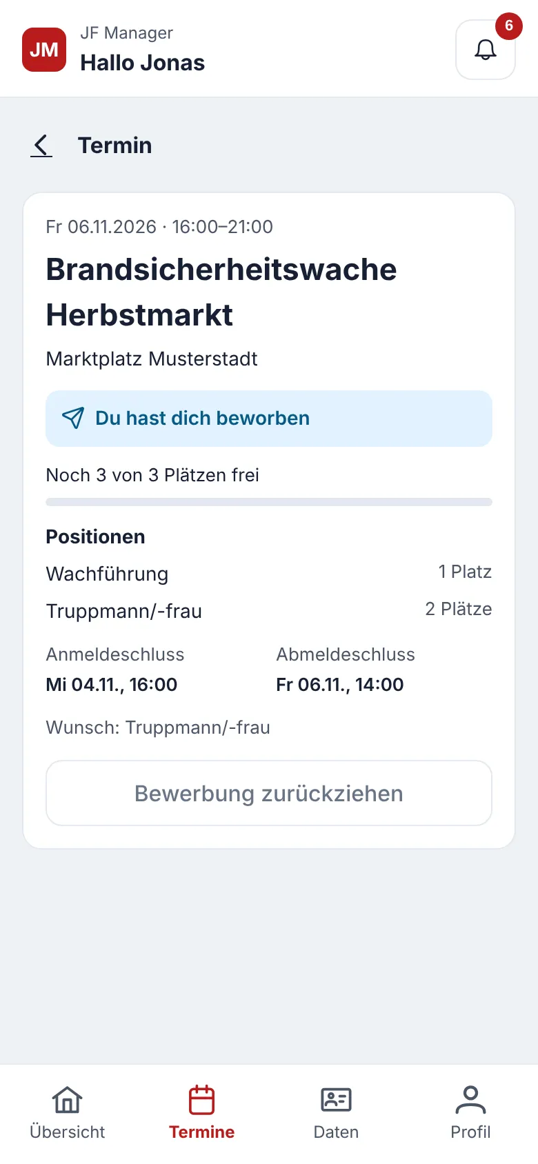 Bestätigung im Mitgliederportal mit dem Hinweis „Du hast dich beworben“ und dem Wunsch Truppmann/-frau
