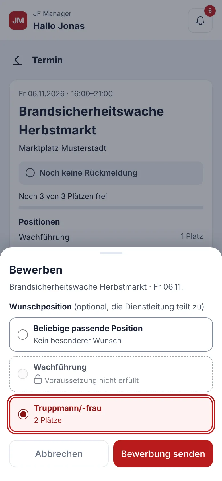 Bewerben mit Wunschposition, die Wachführung ist gesperrt, weil die Voraussetzung fehlt, Truppmann/-frau ist ausgewählt