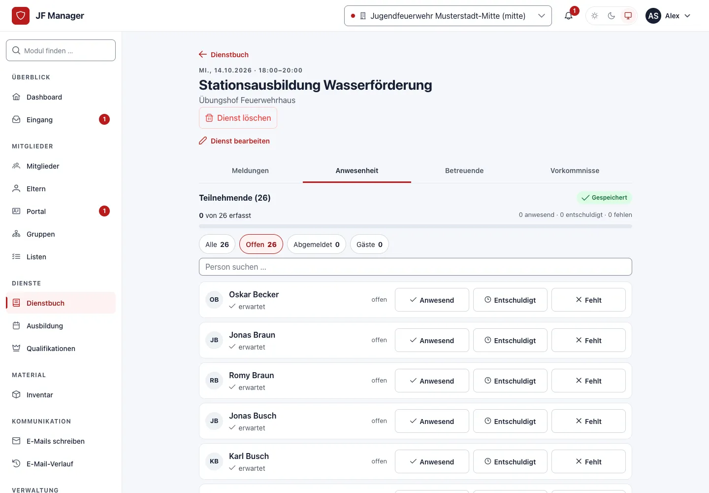 Anwesenheit im Dienstbuch erfassen mit den Status Anwesend, Entschuldigt und Fehlt