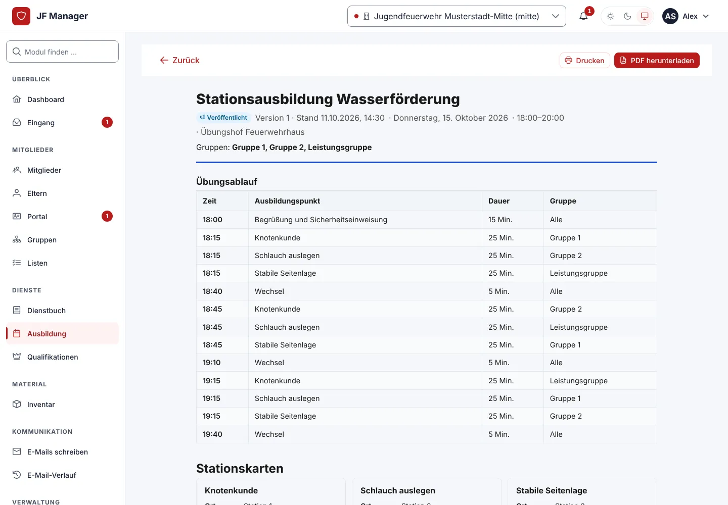 Handout der Stationsausbildung mit Übungsablauf, Zeiten, Gruppen und Stationskarten