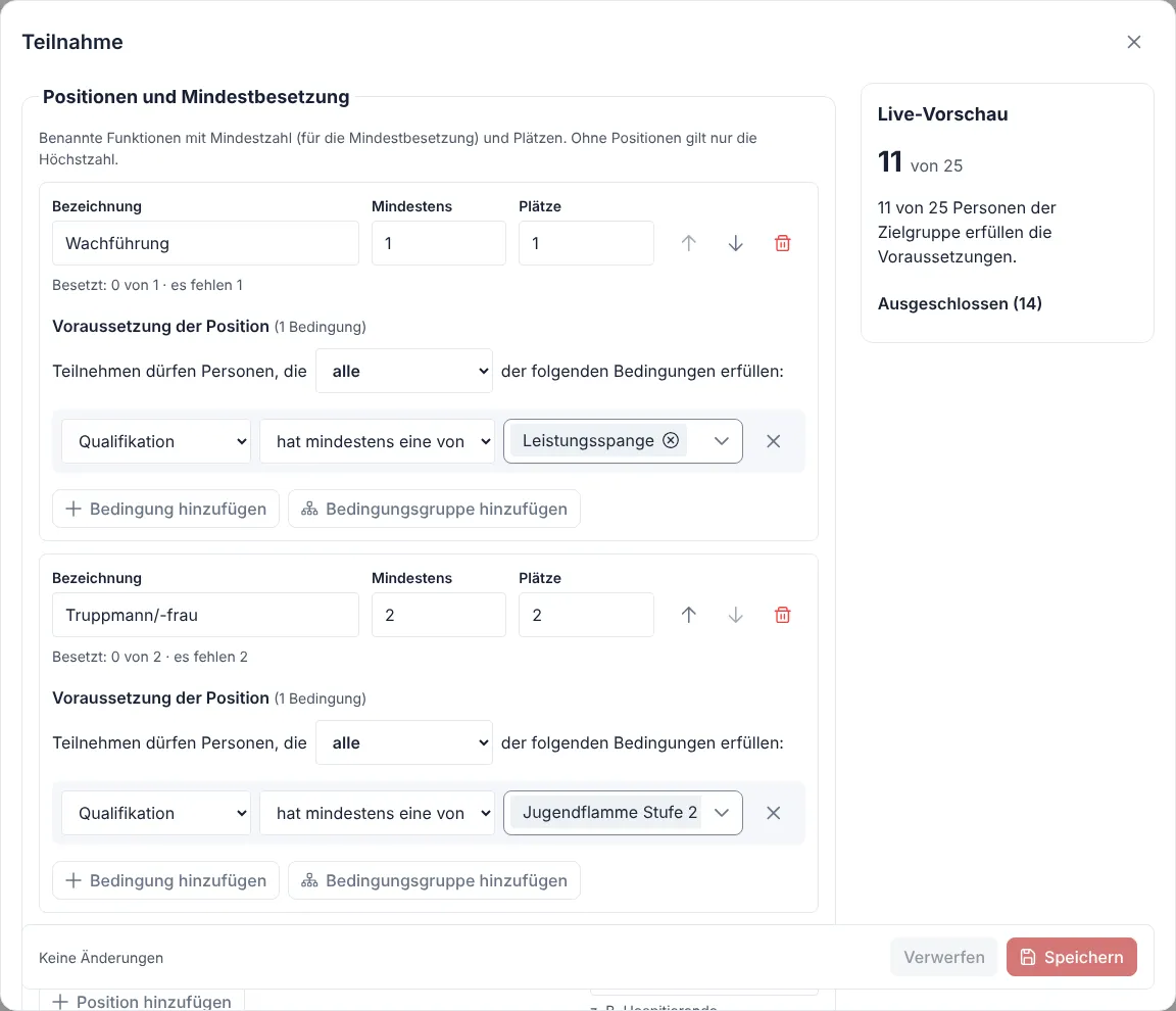 Teilnahme-Einstellungen mit den Positionen Wachführung (nur mit Leistungsspange) und Truppmann/-frau (nur mit Jugendflamme Stufe 2) und einer Live-Vorschau