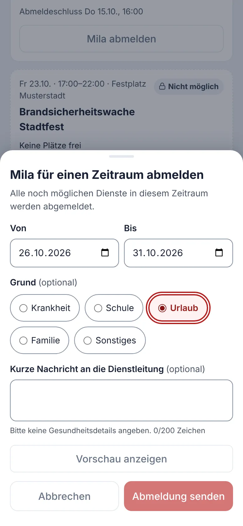 Elternportal: Mila für den Zeitraum 26. bis 31. Oktober abmelden, Grund Urlaub