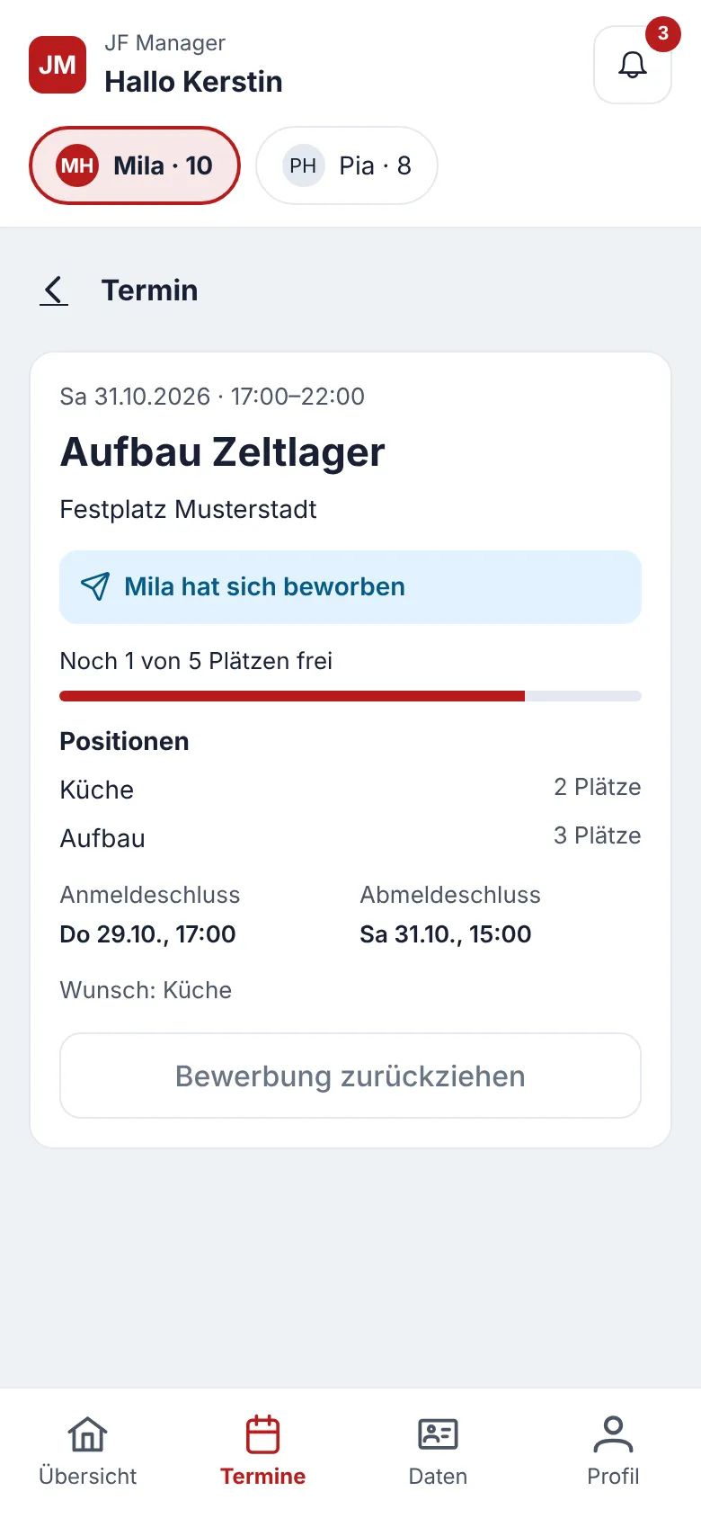 Elternportal: Termin „Aufbau Zeltlager“ mit Bewerbung, Wunschposition Küche, freien Plätzen und Fristen