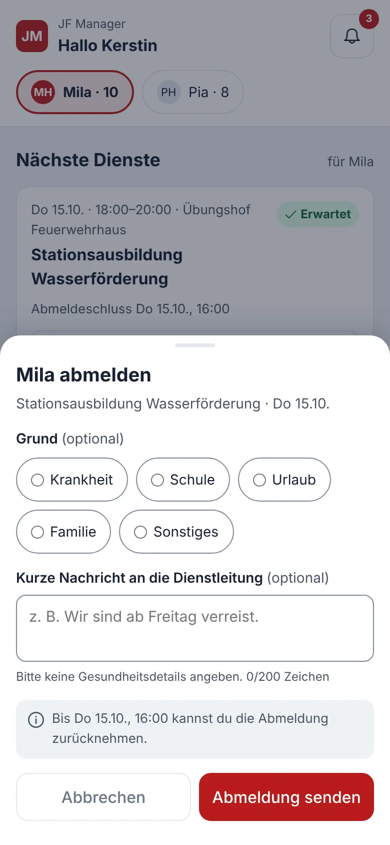 Elternportal: Mila von der Stationsausbildung abmelden, mit optionalem Grund und kurzer Nachricht an die Dienstleitung