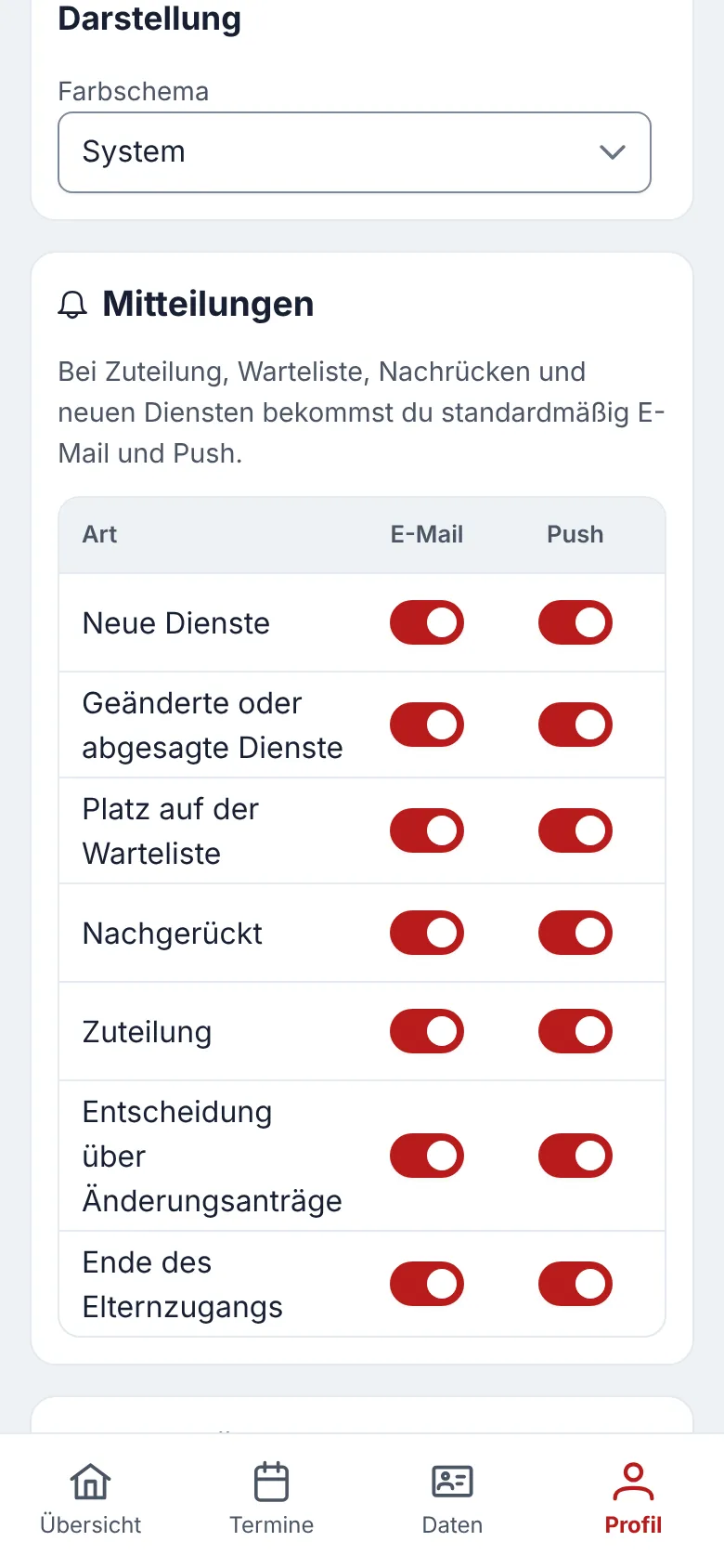Elternportal: Einstellungen für Mitteilungen, je Ereignis per E-Mail und Push schaltbar