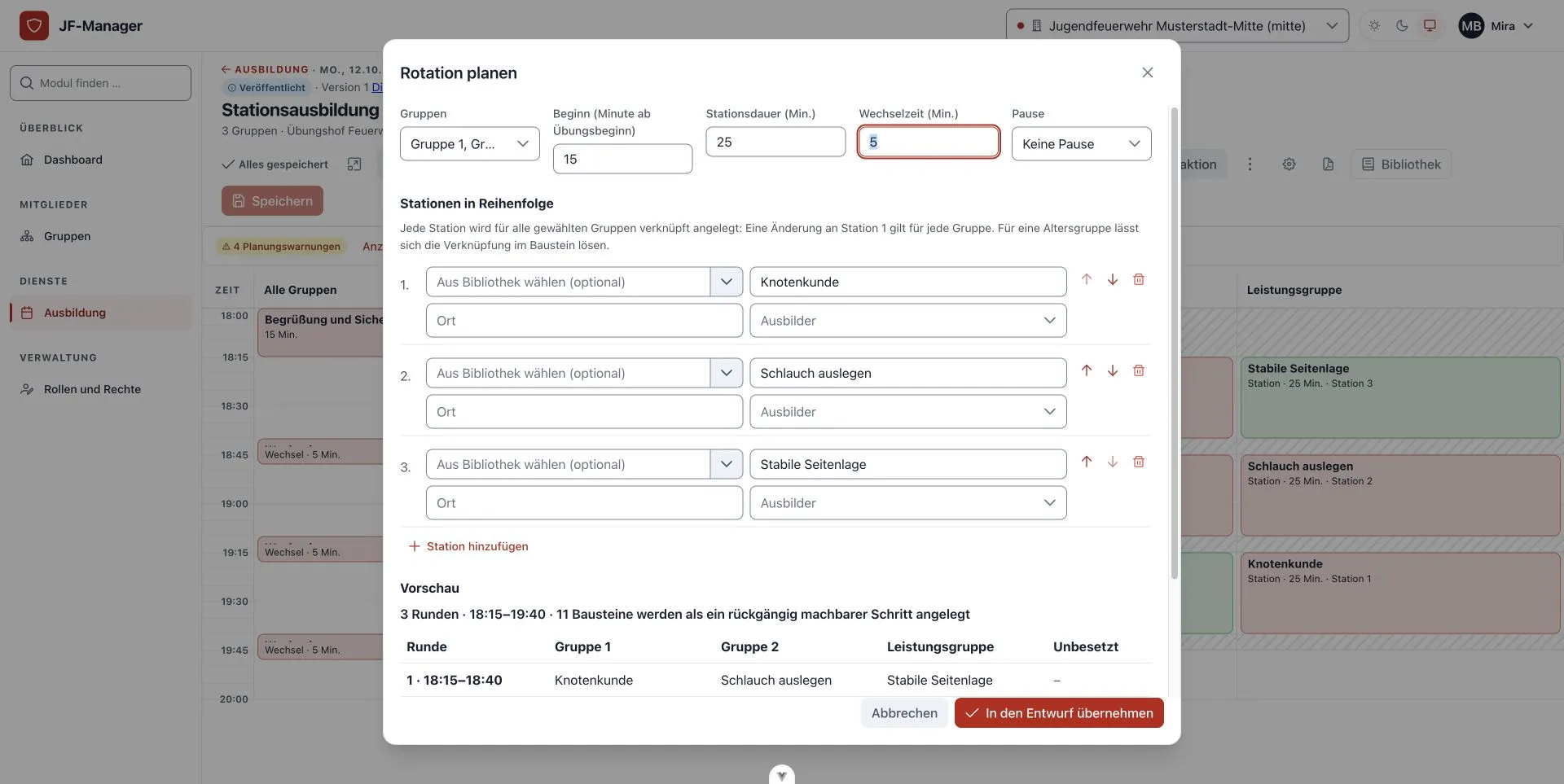 Dialog „Rotation planen“ mit drei Stationen, 25 Minuten Stationsdauer, 5 Minuten Wechselzeit und Vorschau der Runden